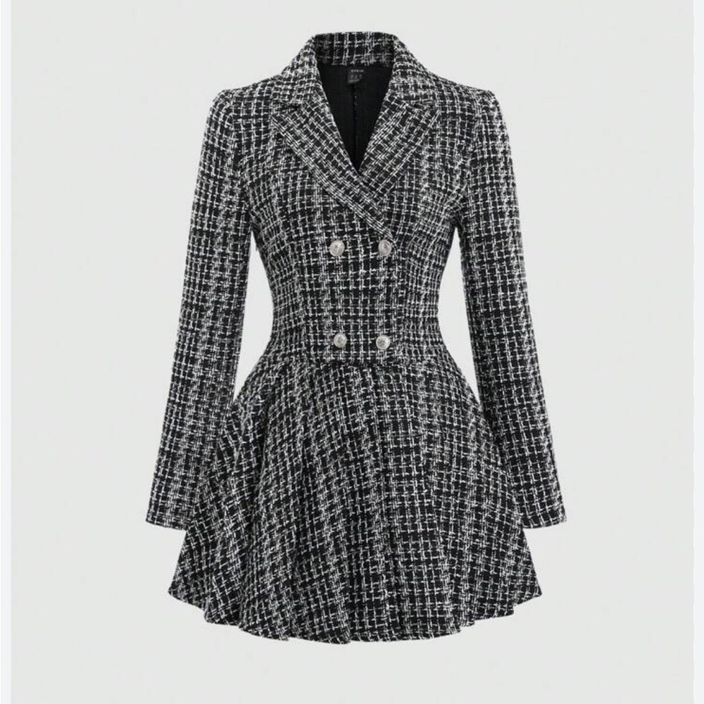 SHEIN Black and White Double-Breasted Tweed Dress. (Size L, US 8/10, EU 40/42)